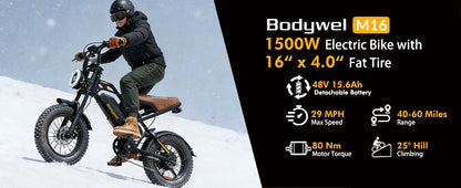 Bodywel M16 Off-Road Electric Bike for Adults 1500W Motor 48V 15AH Battery Fat Tire Mountain Moped Ebike All-Terrain Motorcycle