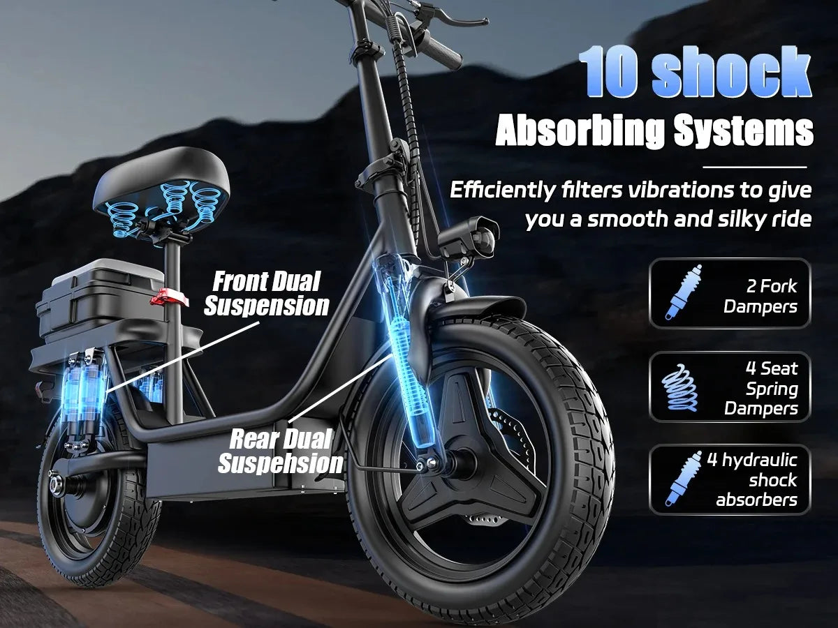 UPlee GQ8 Adult Electric Bike 750W Peak Motor 48V15AH electric scooter 14 Inch fat tire Full Shock Foldable with trunk e bike